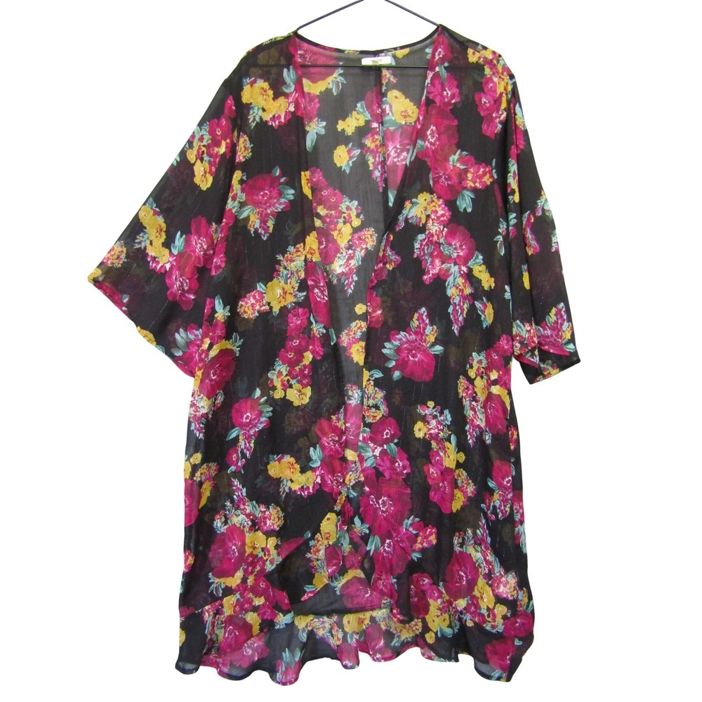 Maurices Kimono Cardigan Womens 2X Black Floral‎ Excellent Sheer Metallic Boho